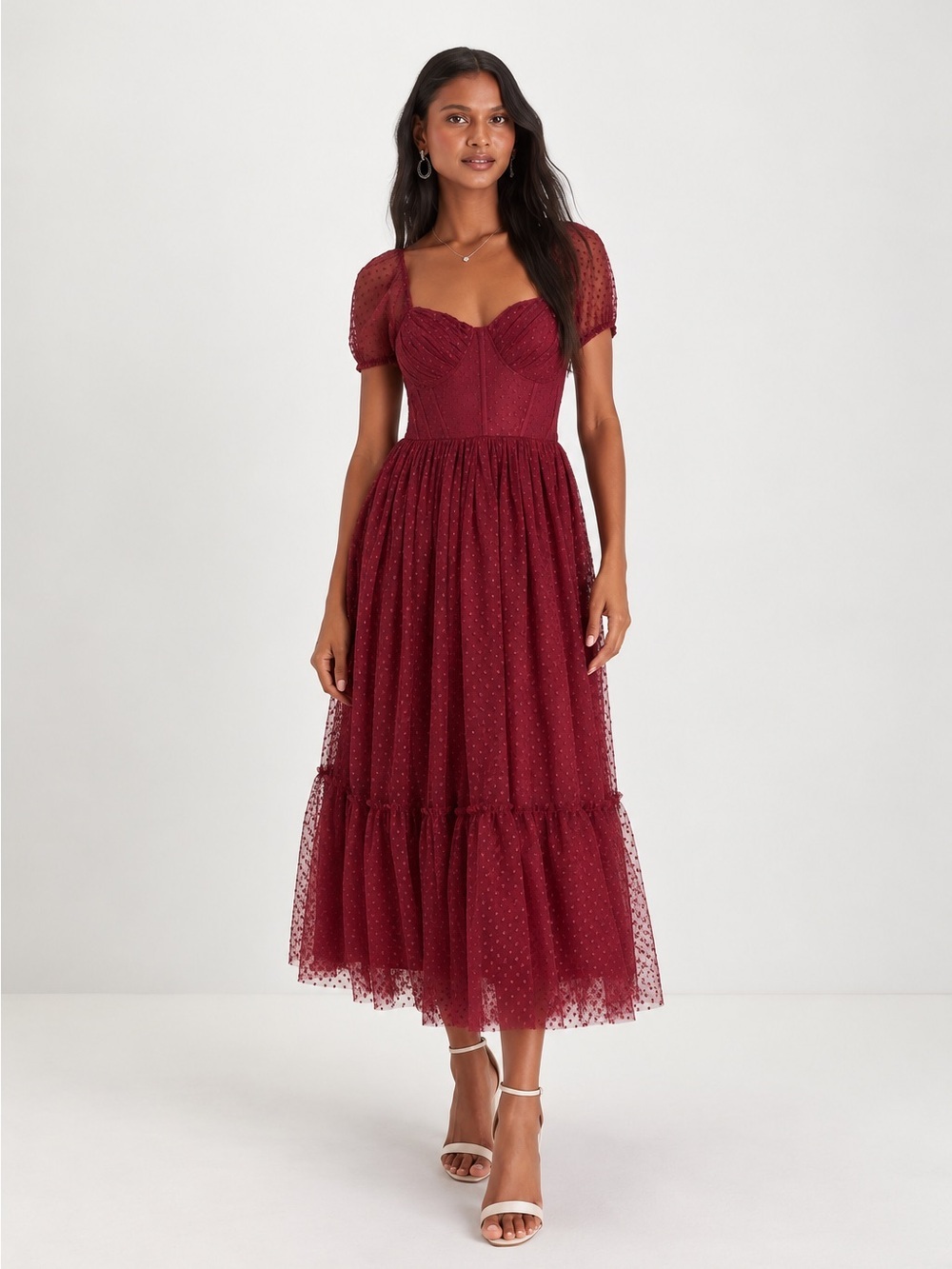 LULU's Sexy Wedding Elegant Boho Sweet Swiss Dot Tulle Chic Midi Dress - Picture 1 of 6